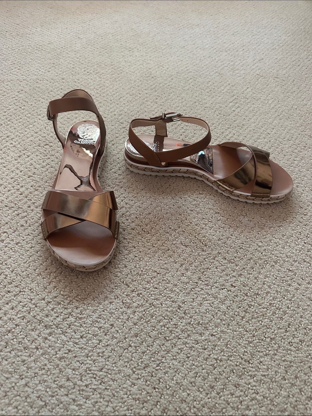 New! Vince Camuto Leather Gold and Brown Sandals with Slight Wedge Size 8.5